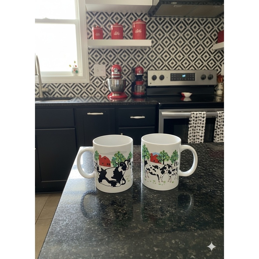 Pair Vintage 1997 Cows Coffee Tea Cup Mug By E. Rosin Farmhouse Country